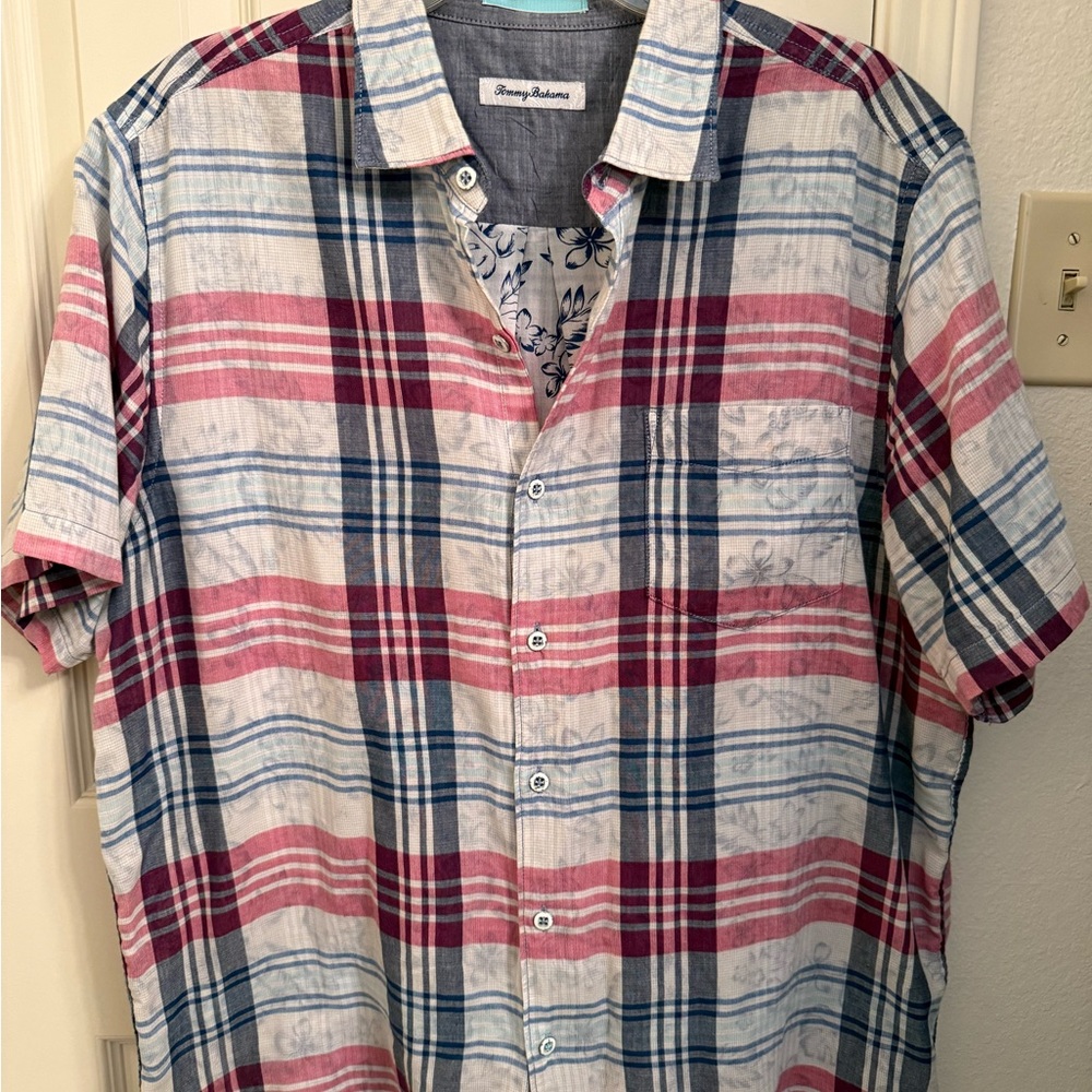 Tommy Bahama Red and Blue Casual Button Down Shirt